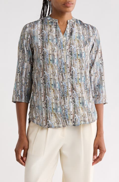 Print Mandarin Collar Shift Shirt