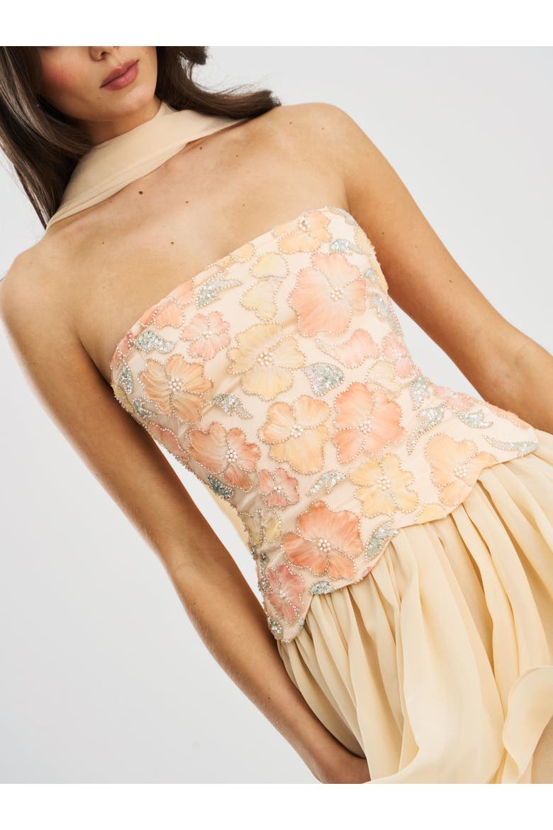 Quanisha Beaded Floral Mini Chiffon Dress with Scarf, Alternate, color, Yellow
