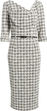Black Halo Jackie Houndstooth Cowl Neck Tweed Midi Dress