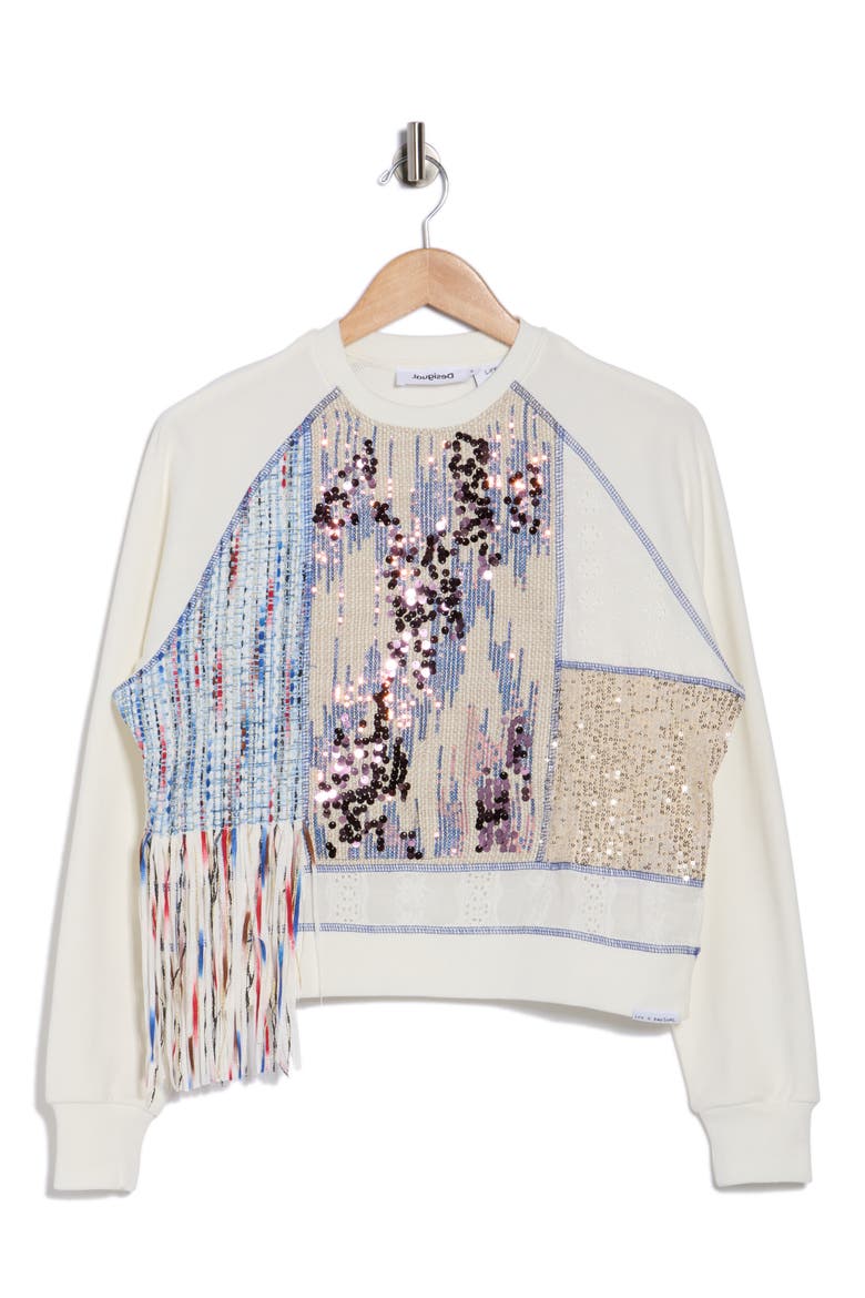 Mixed Media Crewneck Sweatshirt, Alternate, color, LIGHT BEIGE