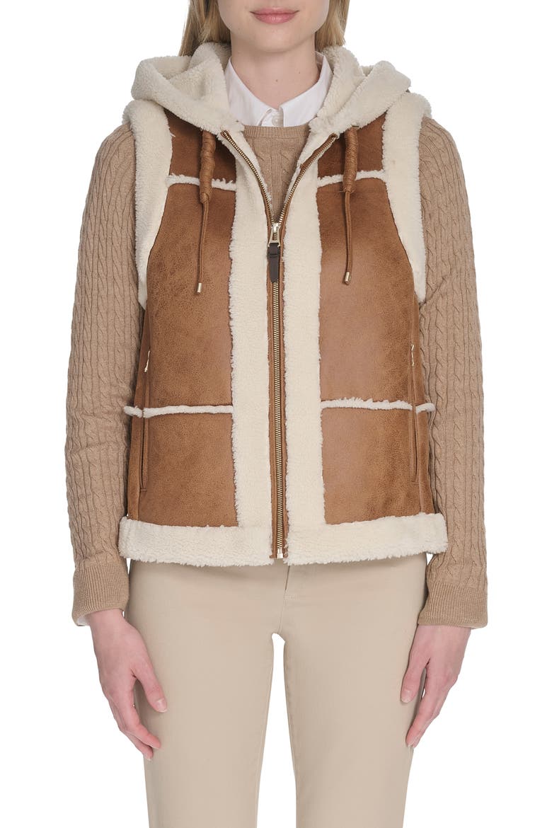 Hooded Faux Waxed Suede & Faux Shearling Vest, Main, color, HAZELNUT