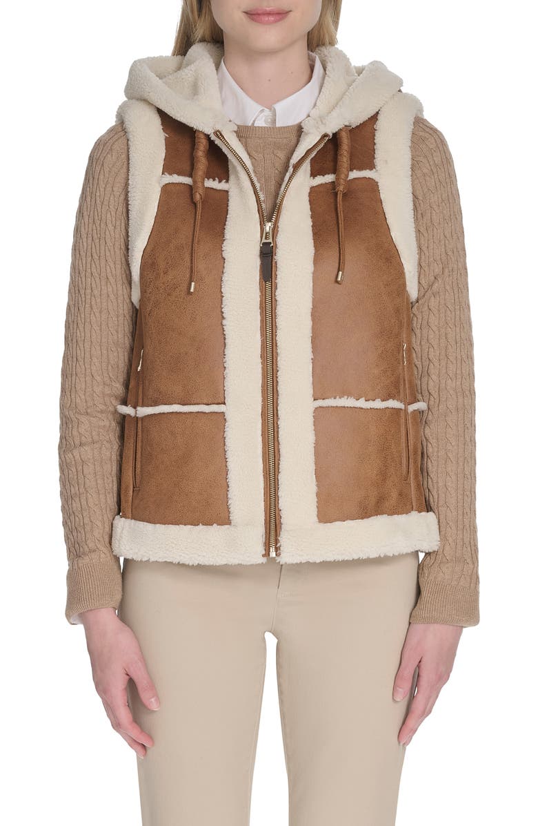 Cole Haan Hooded Faux Waxed Suede & Faux Shearling Vest, Main, color, Hazelnut