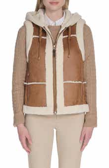 Hooded Faux Waxed Suede & Faux Shearling Vest