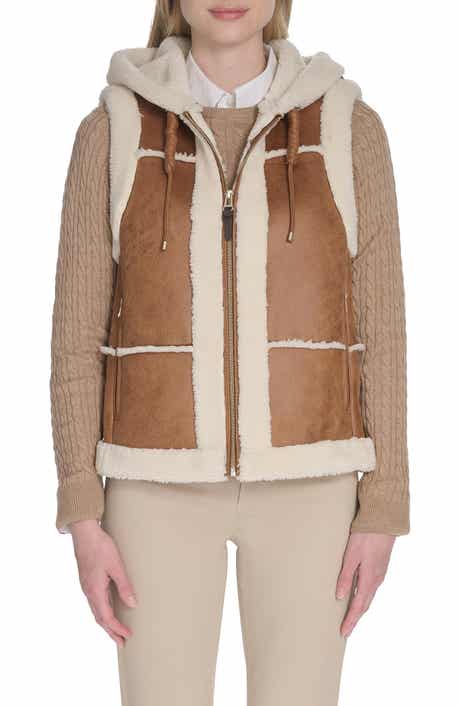 Hooded Faux Waxed Suede & Faux Shearling Vest