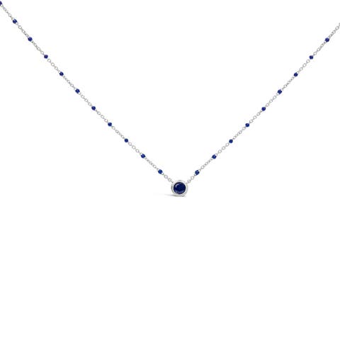 Sterling Silver Created Sapphire Bead Chain Necklace 18 Inch