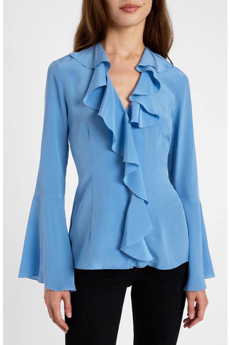 Sydney Silk Long Sleeve Ruffle Blouse, Main, color, Blue Aura
