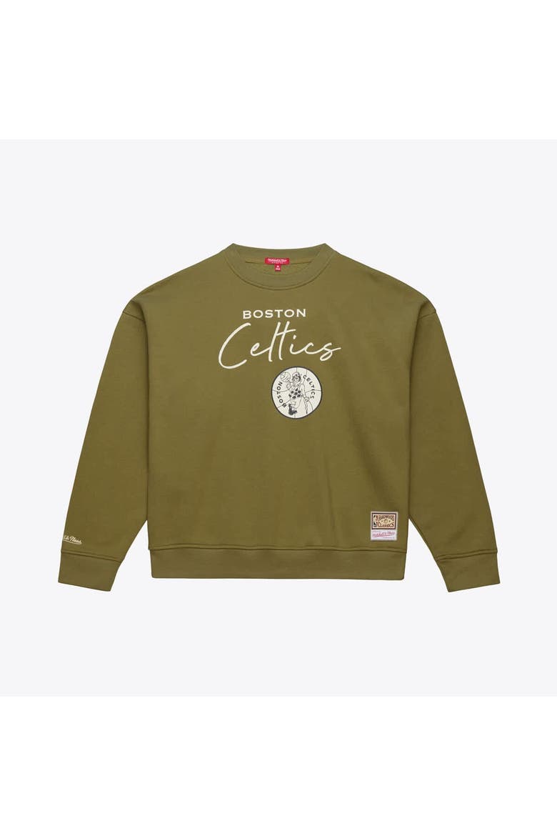Women's Mitchell & Ness  Olive Boston Celtics Lightweight Script Sweatshirt, Main, color, Olive