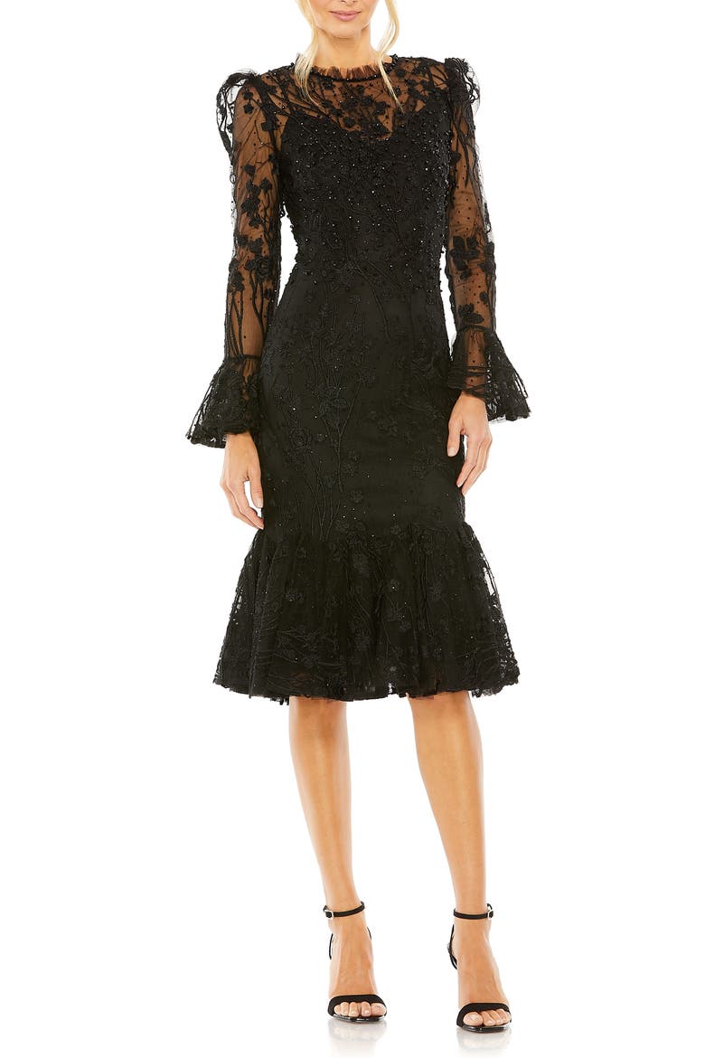 Embellished Ruffle Wrist High Neck Midi Dress, Main, color, BLACK