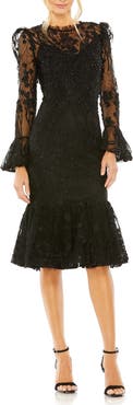 Mac Duggal Embellished Ruffle Wrist High Neck Midi Dress