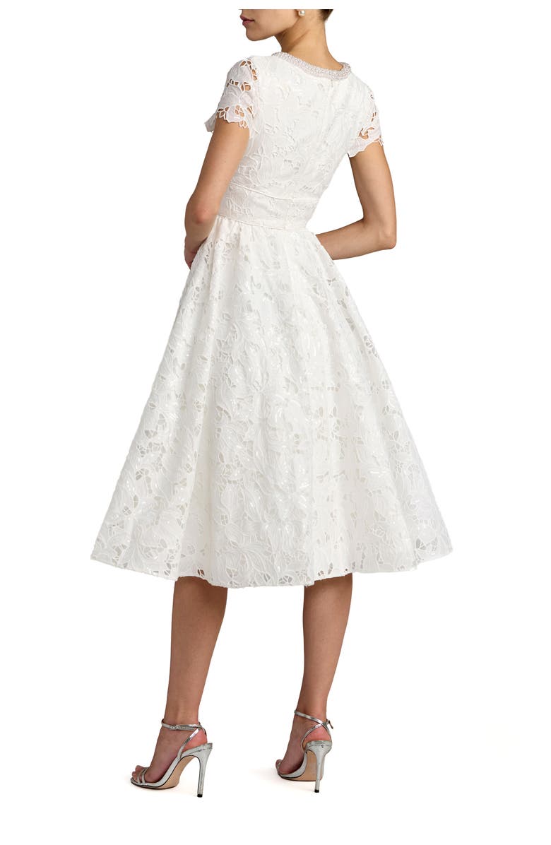 Mac Duggal Petite Lace Embellished Cap Sleeves A Line Midi Dress, Alternate, color, Ivory