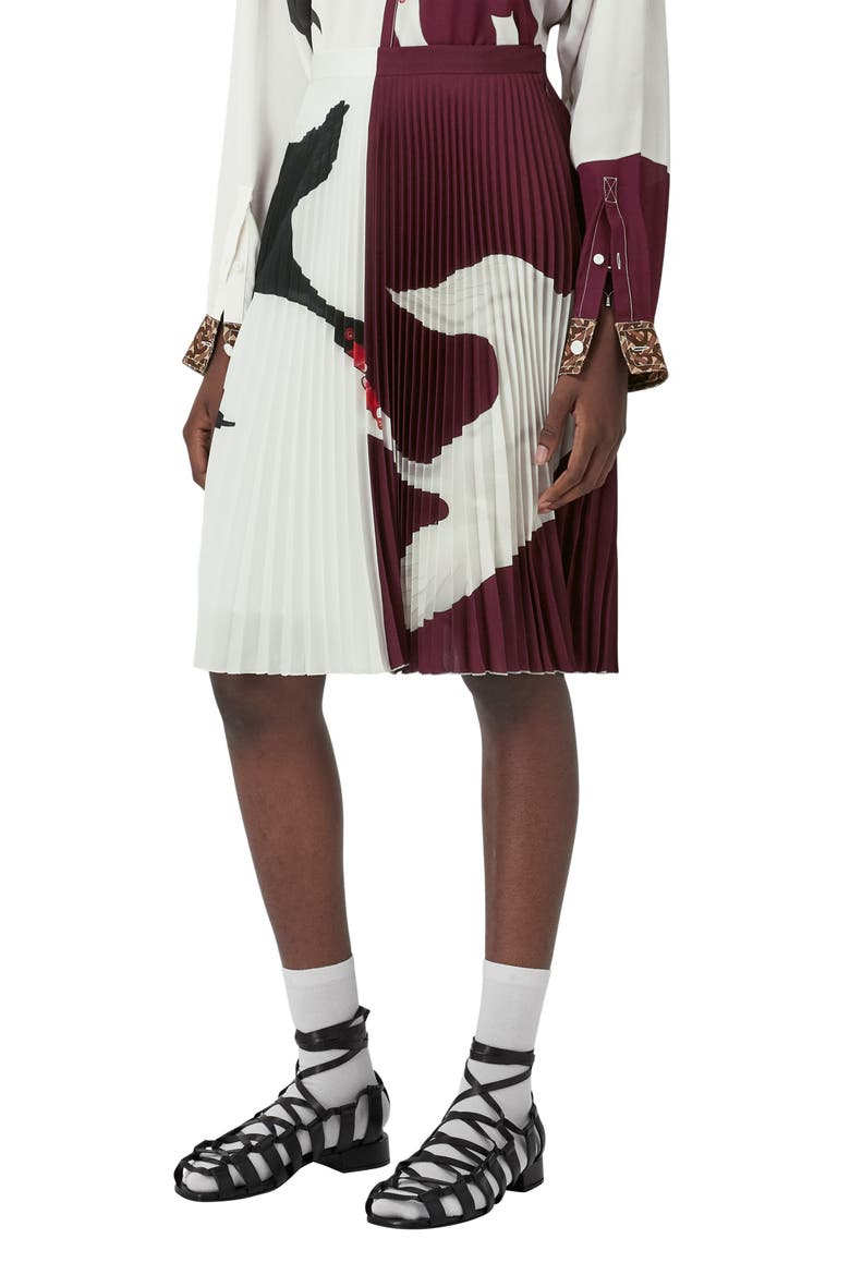 Rersby Swan Print Colorblock Pleated Skirt, Main, color, DEEP MAROON IP PAT