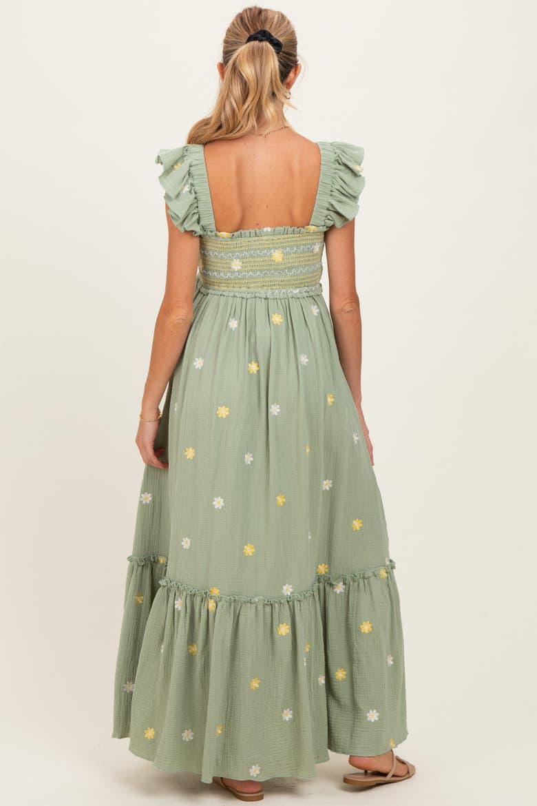 Floral Embroidered Smocked Maxi Dress, Alternate, color, Light Olive