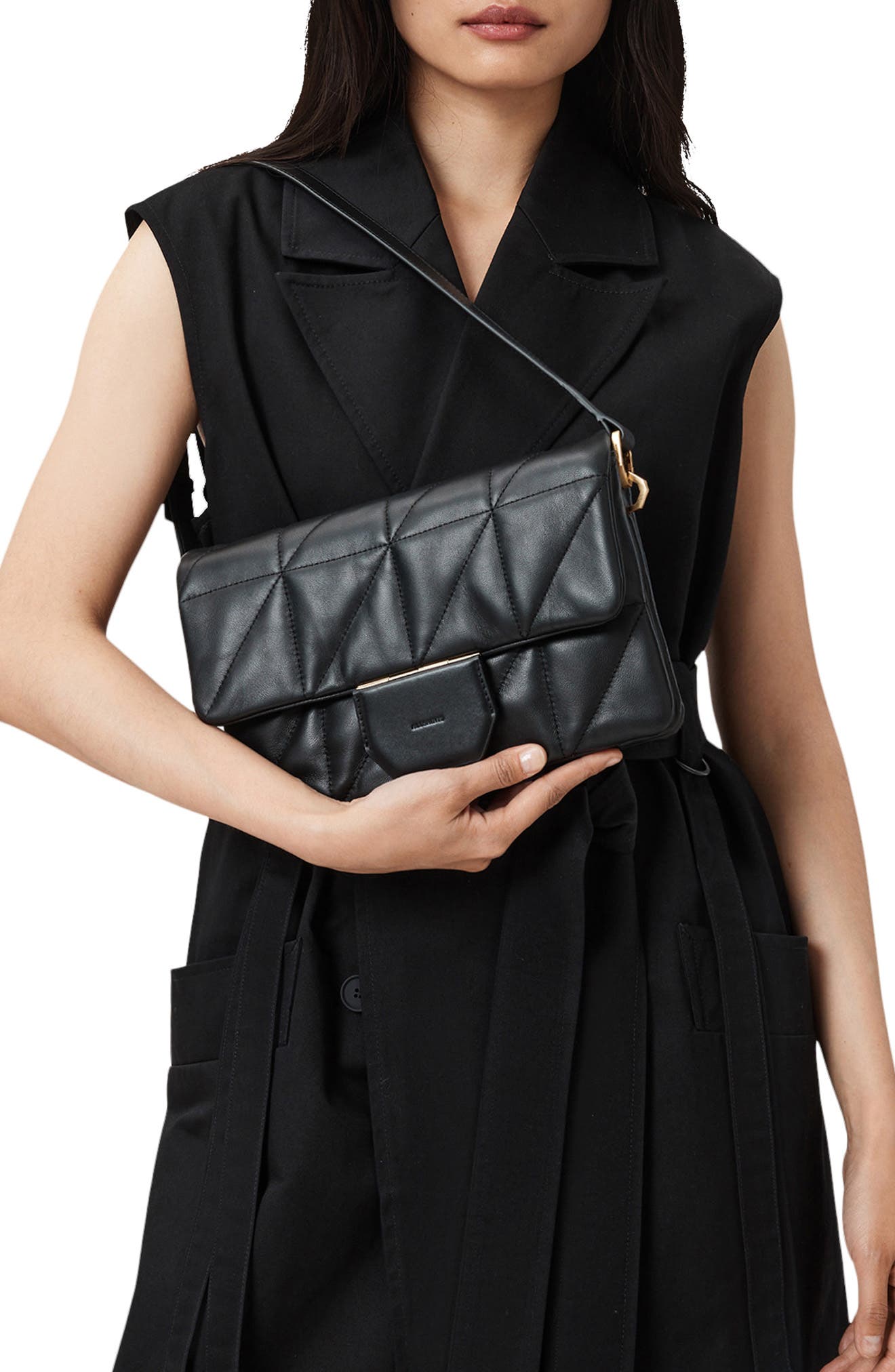 AllSaints Ondine Quilted Leather Shoulder Bag, Alternate, color, Black