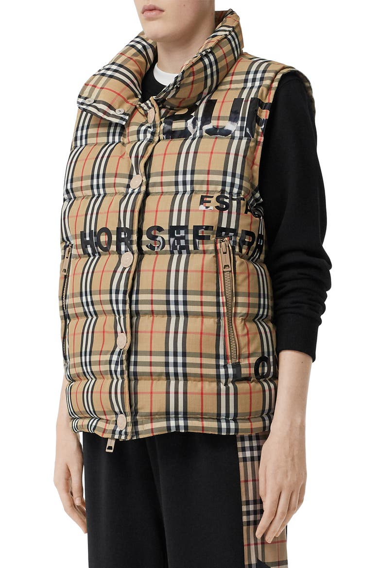 Sterling Horseferry Print Vintage Check Down Puffer Vest, Main, color, ARCHIVE BEIGE IP CHK