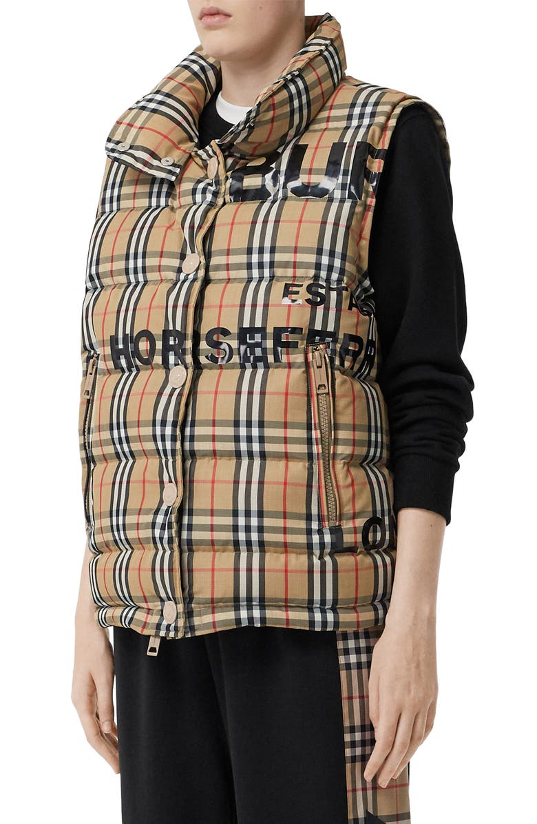 Burberry Sterling Horseferry Print Vintage Check Down Puffer Vest, Main, color,