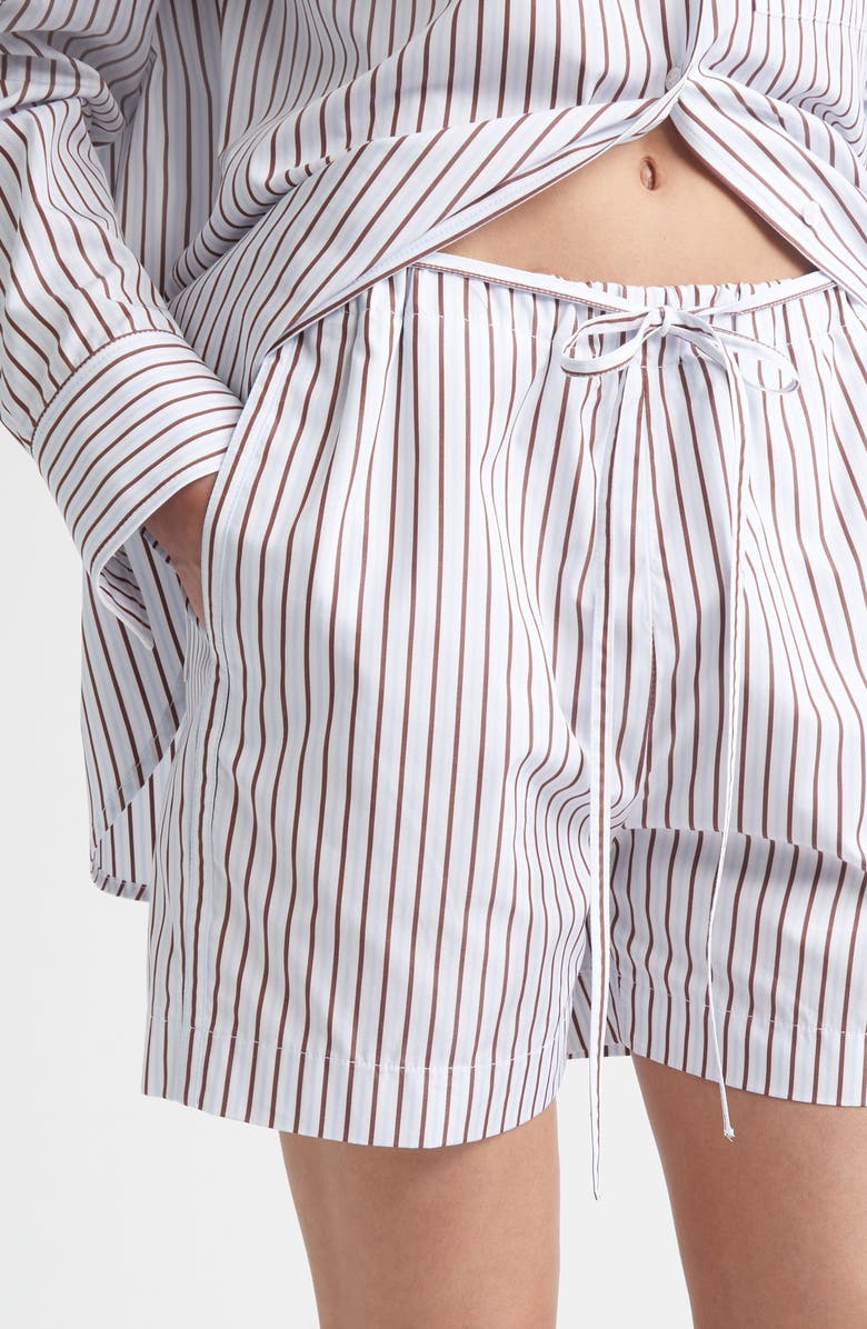 LOULOU DE SAISON Lory Stripe Cotton Poplin Drawstring Shorts, Alternate, color, Dark Red/ Light Blue