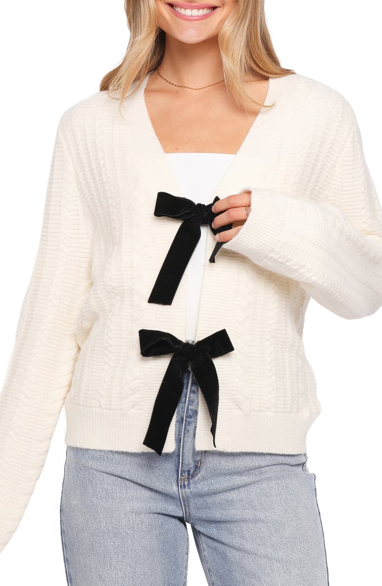 Petal & Pup Bree Velvet Bow Cardigan, Main, color, Cream
