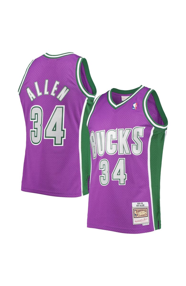 Mitchell & Ness Men's Mitchell & Ness Ray Allen Purple Milwaukee Bucks 2001/02 Hardwood Classics Swingman Jersey, Alternate, color,