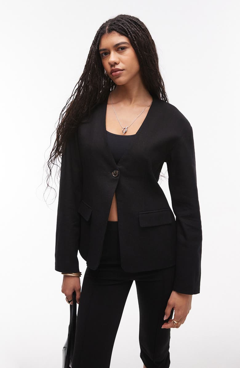 Topshop Linen Blend Blazer, Main, color, Black