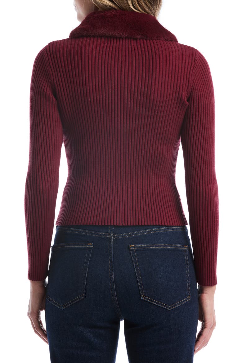 Faux Fur Collar Crop Zip Cardigan, Alternate, color, POMERGRANTE