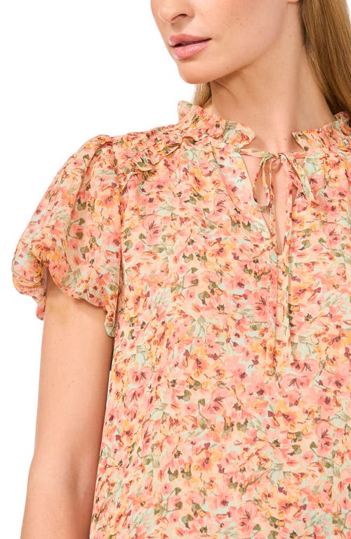 Cece Floral Puff Sleeve Top In Mint Lime Coral