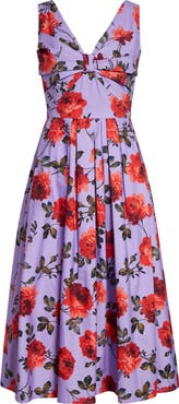 Carolina Herrera Rose Print Stretch Poplin A-Line Midi Dress