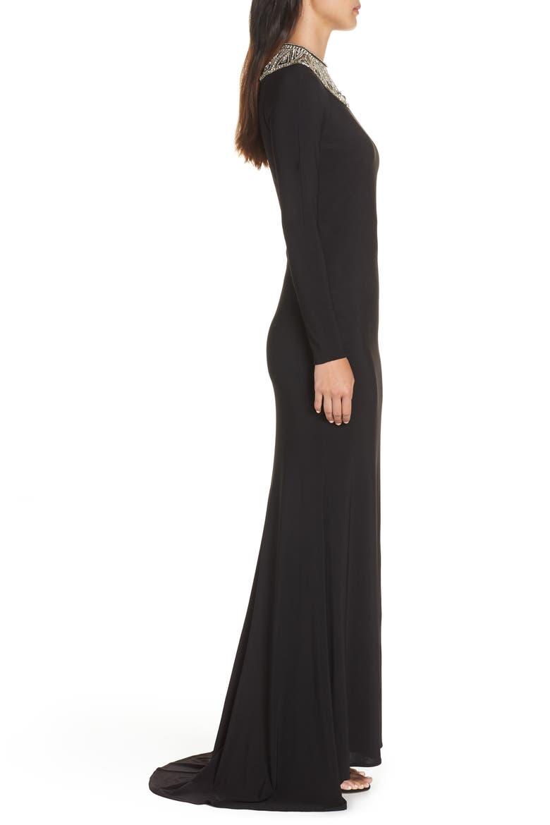 Mac Duggal Beaded Collar Long Sleeve Jersey Gown, Alternate, color, BLACK
