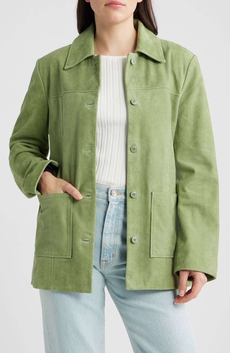 Reformation Veda Lincoln Suede Shirt Jacket, Main, color, Prickly Pear
