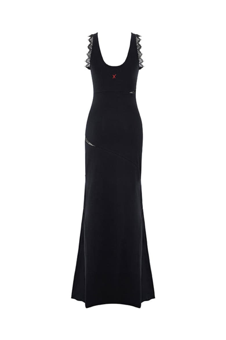 Cotton Long Fitted Black Dress With Straps, Alternate, color, BLACK