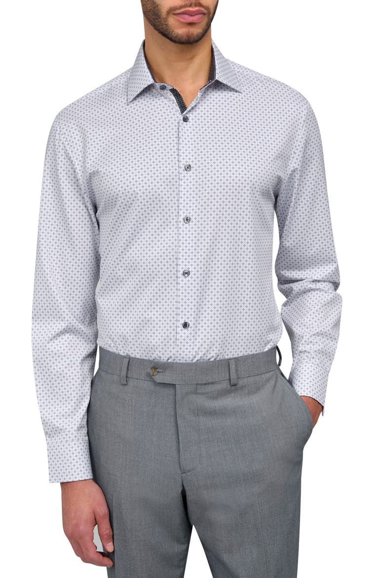 Slim Fit Geometric Print Recycled Performance Stretch Dress Shirt, Main, color, WHITE/GREEN