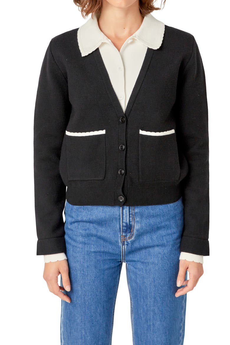 Scallop Detail Cardigan, Alternate, color, BLACK/WHITE