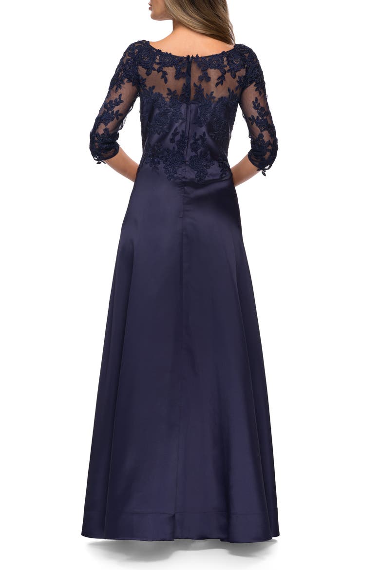 Three Quarter Sleeve Gown with Lace Sheer Back, Alternate, color, Navy
