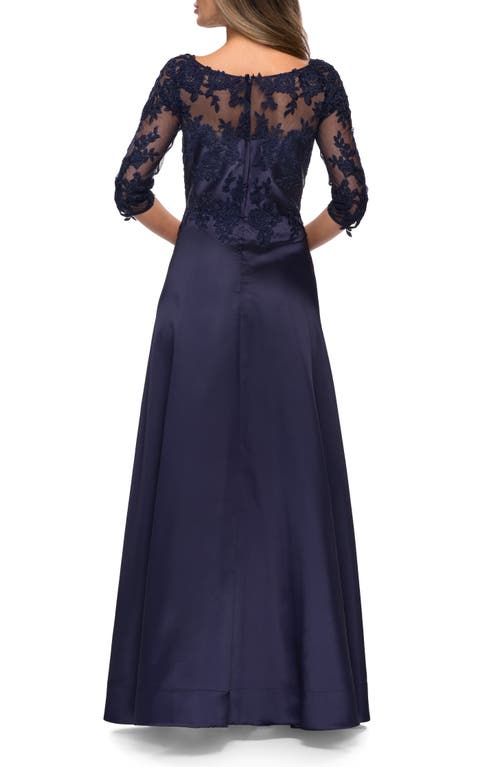 La Femme Three Quarter Sleeve Gown With Lace Sheer Back In Navy