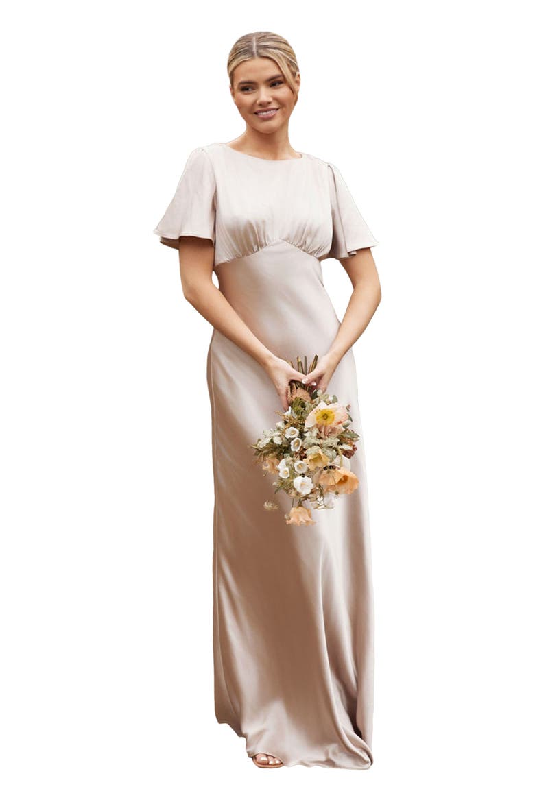 Gathered Bust Satin Bridesmaid Dress, Main, color, Oyster