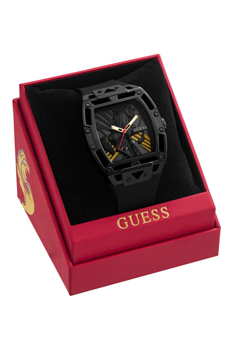 Legend Year of the Horse Tonneau Silicone Strap Watch, 44mm, Alternate, color, BLACK