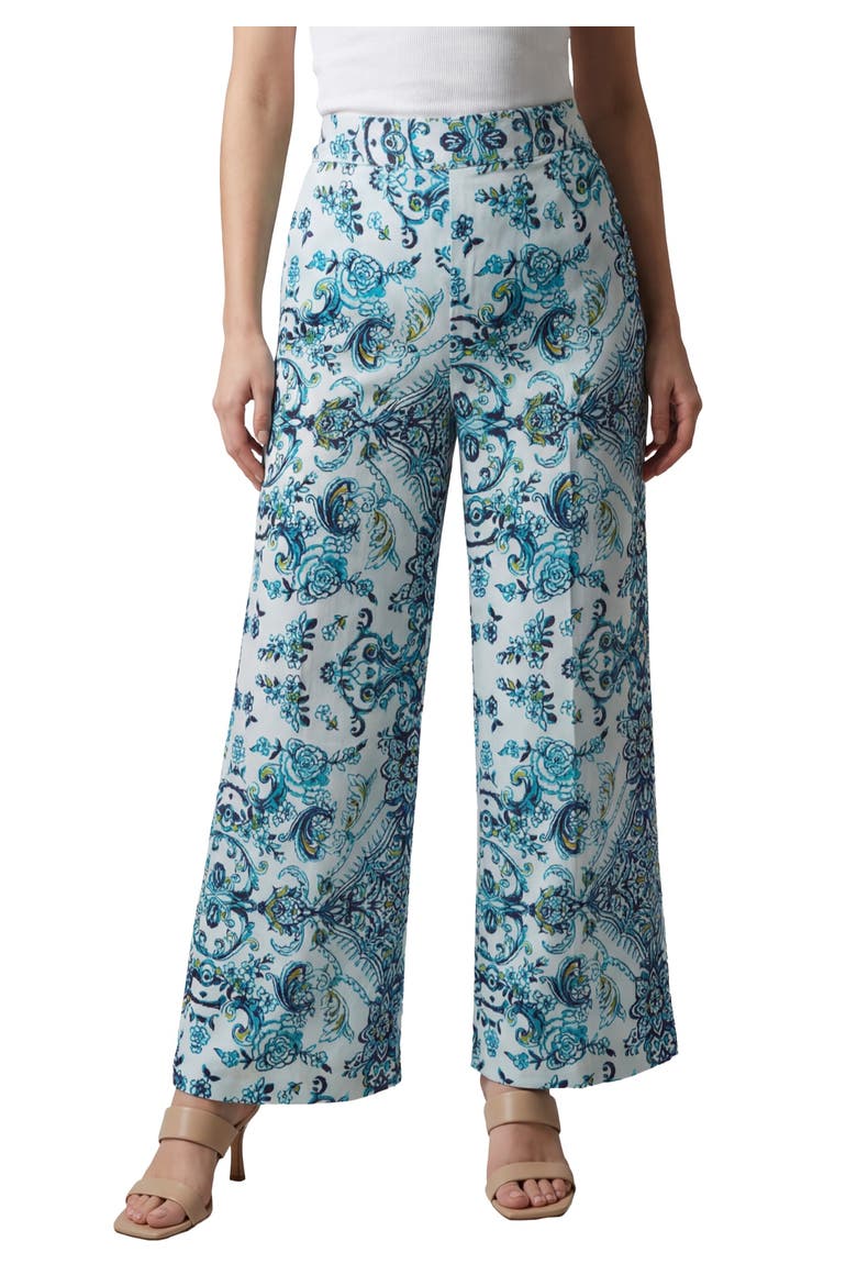 Plus Size Printed Wide Leg Pant, Main, color, WHITE TURQUOISE STENCIL FLORAL