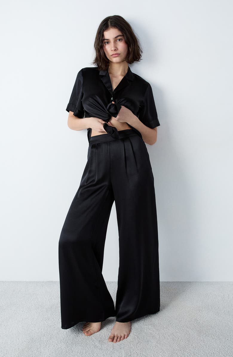 Etam Pearly Silk Wide Leg Pajama Pants, Alternate, color, Black