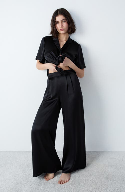 Etam Pearly Silk Wide Leg Pajama Pants In Black