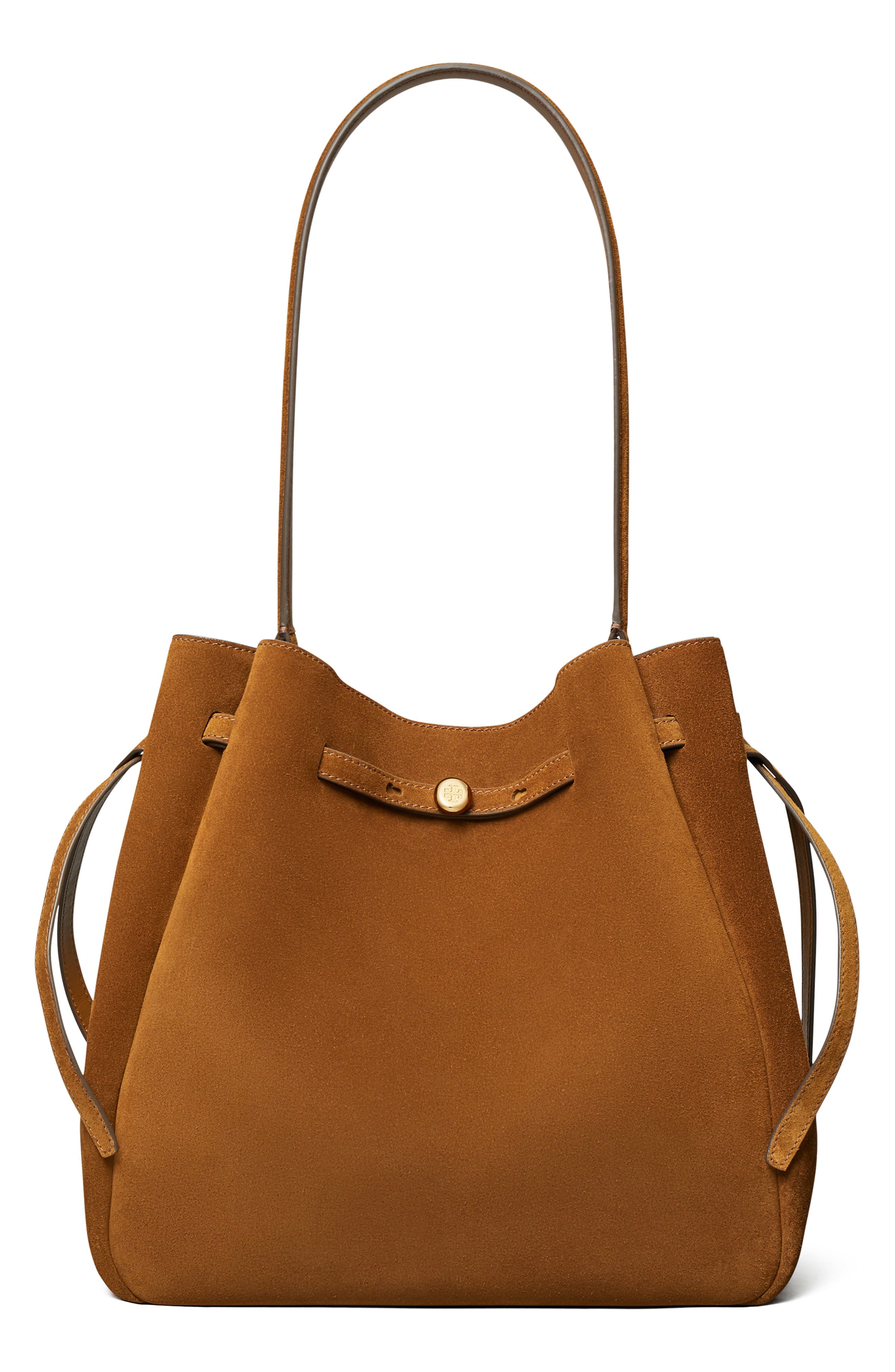 Tory Burch Large Romy Suede Bucket Bag, Main, color, Caramel