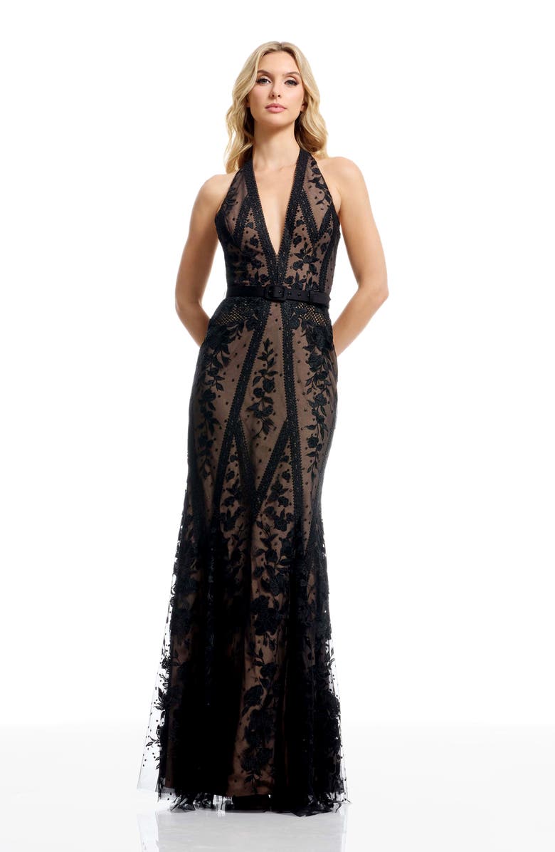 Dress the Population Devin Embroidered Lace Halter Evening Gown, Alternate, color, Black/Nude