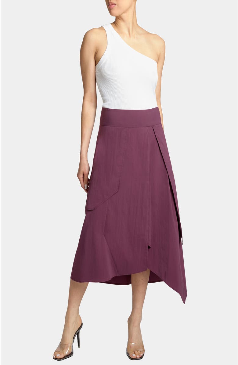 Santorelli DEB Multi-Panel Asymmetric Midi Skirt in Stretch Cotton Blend, Alternate, color, Cherry Cola