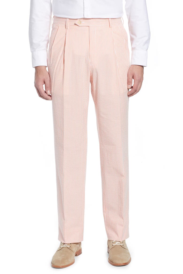 Pleated Seersucker Cotton Dress Pants, Main, color, ORANGE