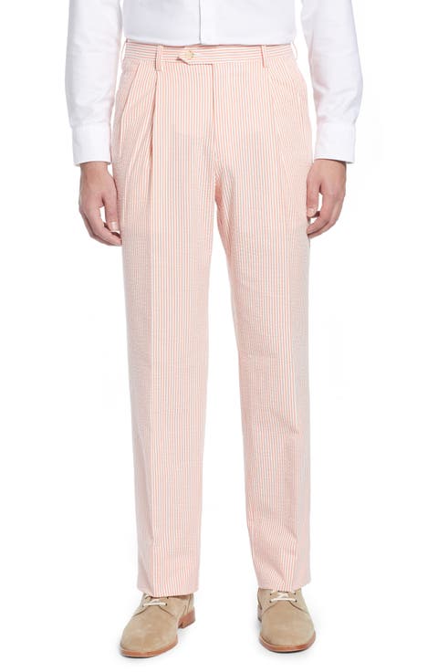 Pleated Seersucker Cotton Dress Pants