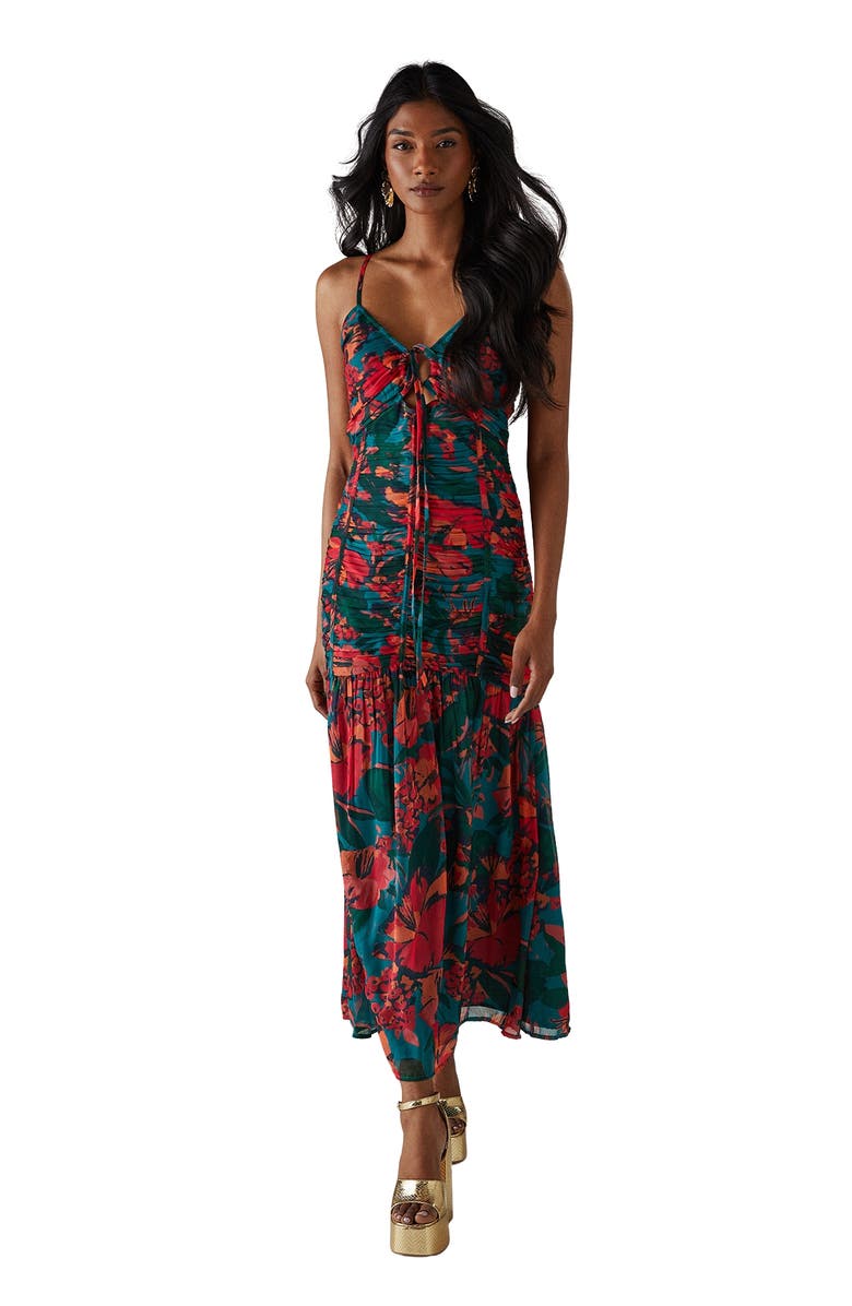 Warehouse Chiffon Gathered Channel Midi Dress, Main, color, Floral
