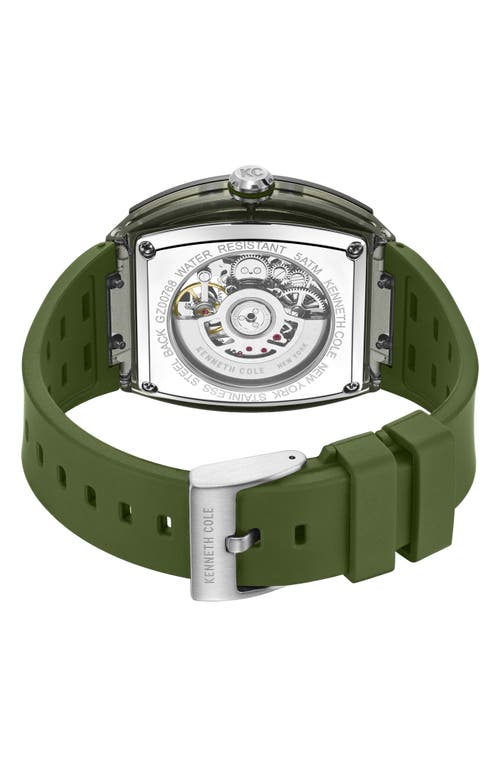 Kenneth Cole New York Skeleton Tonneau Automatic Silicone Strap Watch, 44mm X 56.2mm In Green