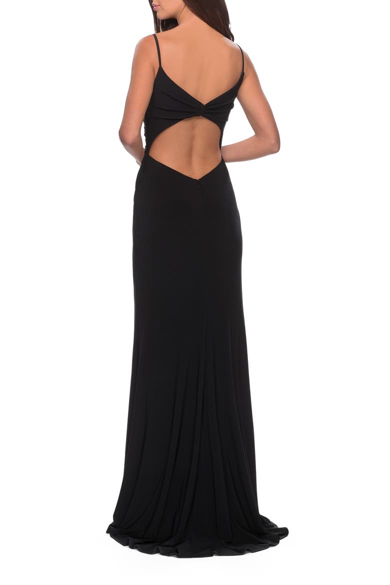 Long Jersey Dress with V-neck and Open Back, Alternate, color, BLACK