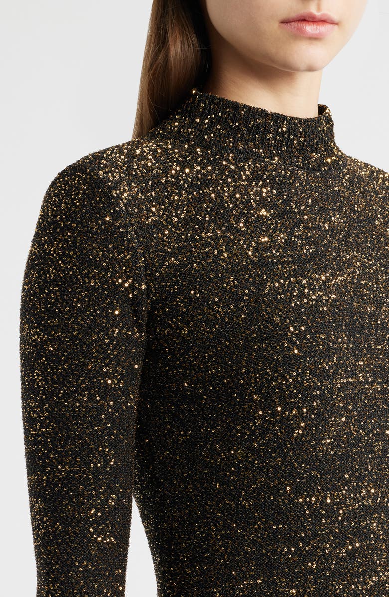 Elie Tahari The Angelina Sequin Long Sleeve Midi Dress, Alternate, color, Noir/ Gold Sequin