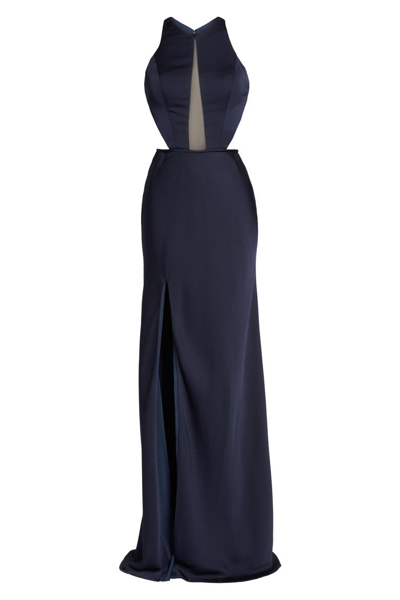 Cutout Detail Satin Trumpet Gown, Alternate, color, NAVY