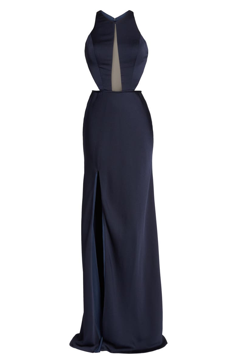 La Femme Cutout Detail Satin Trumpet Gown, Alternate, color, 