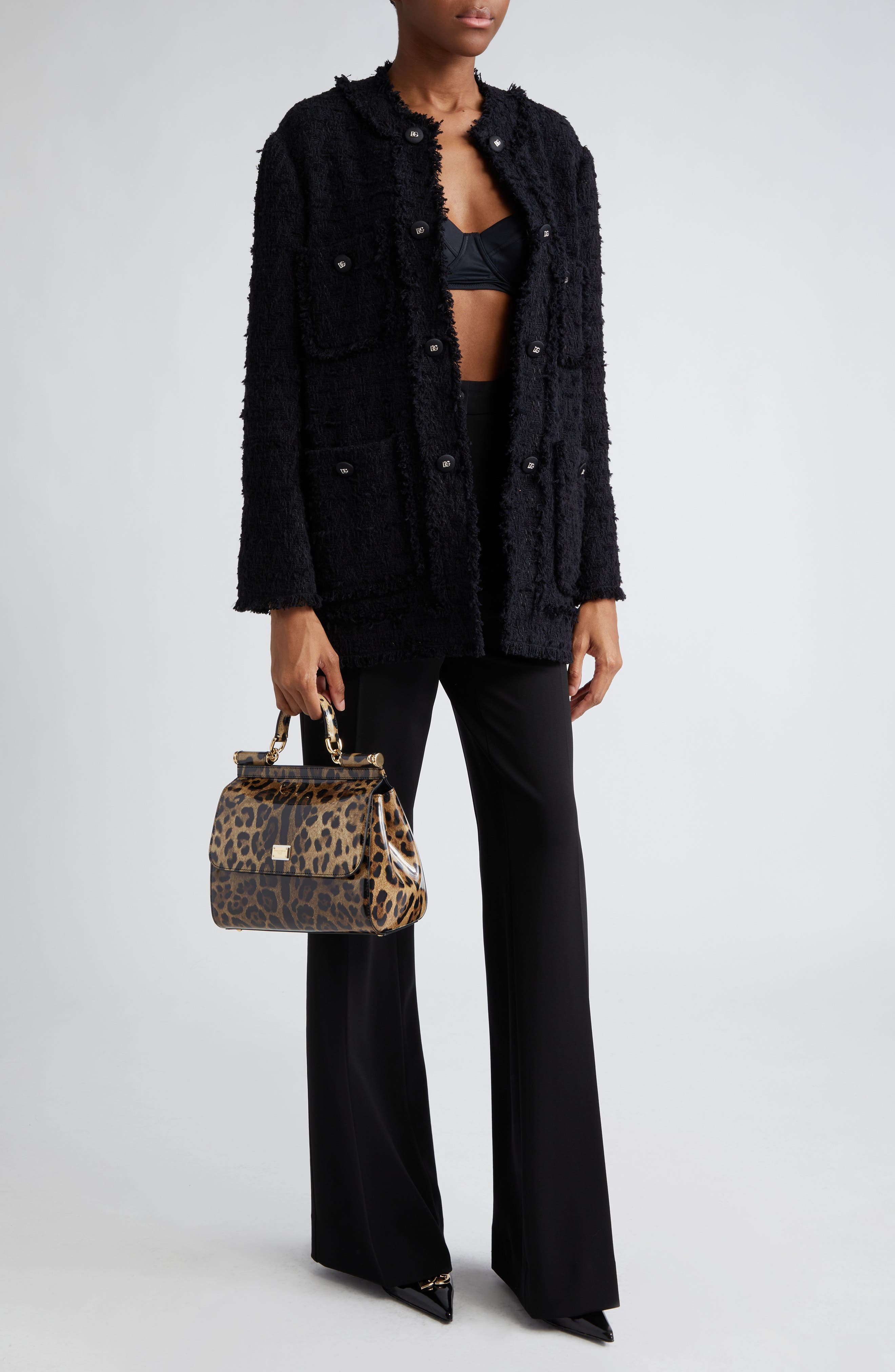 Logo Button Collarless Tweed Jacket - image 2